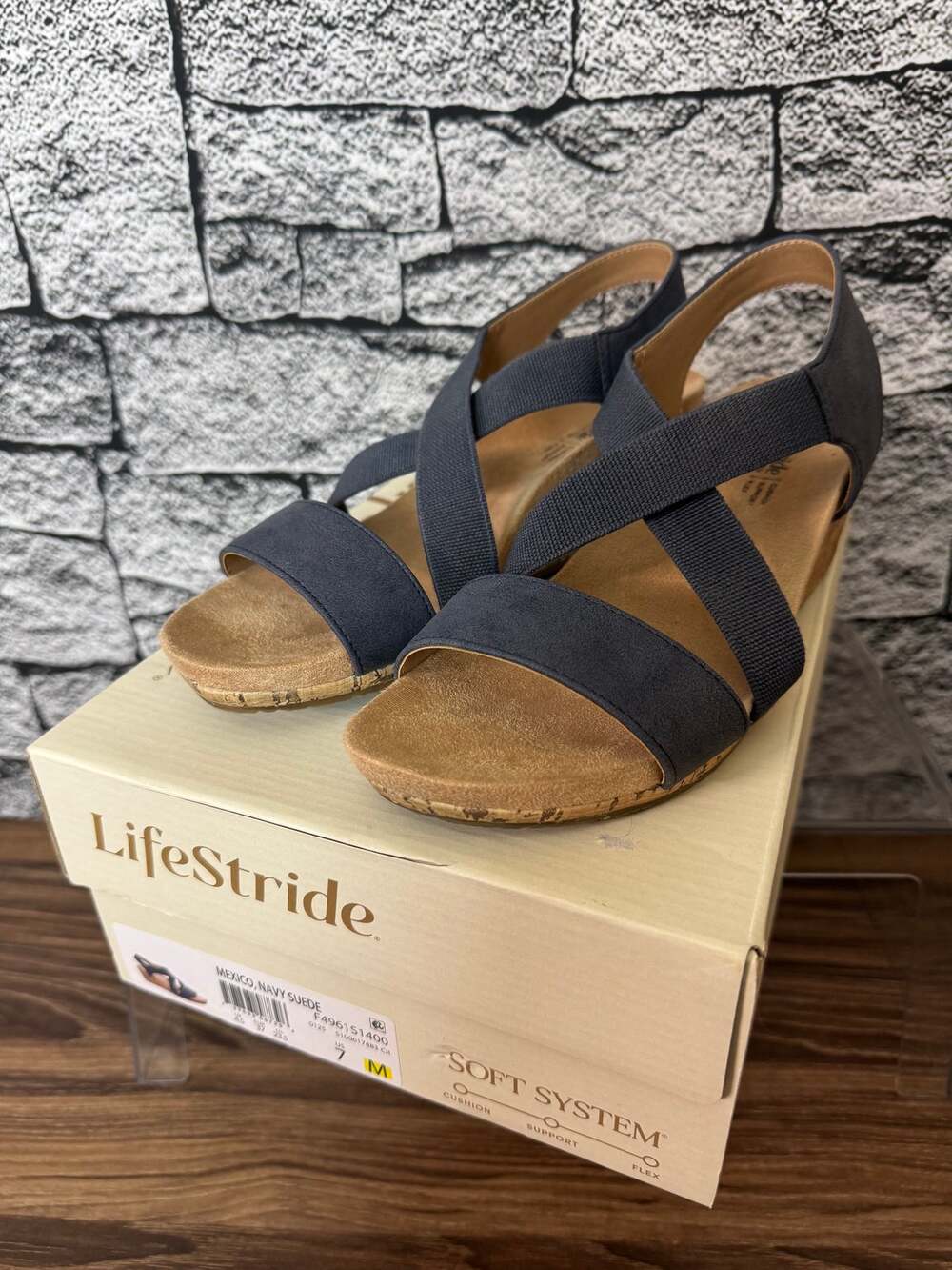 New Ladies Lifestride Navy Blue Mexico Wedge Sandals - Size 7